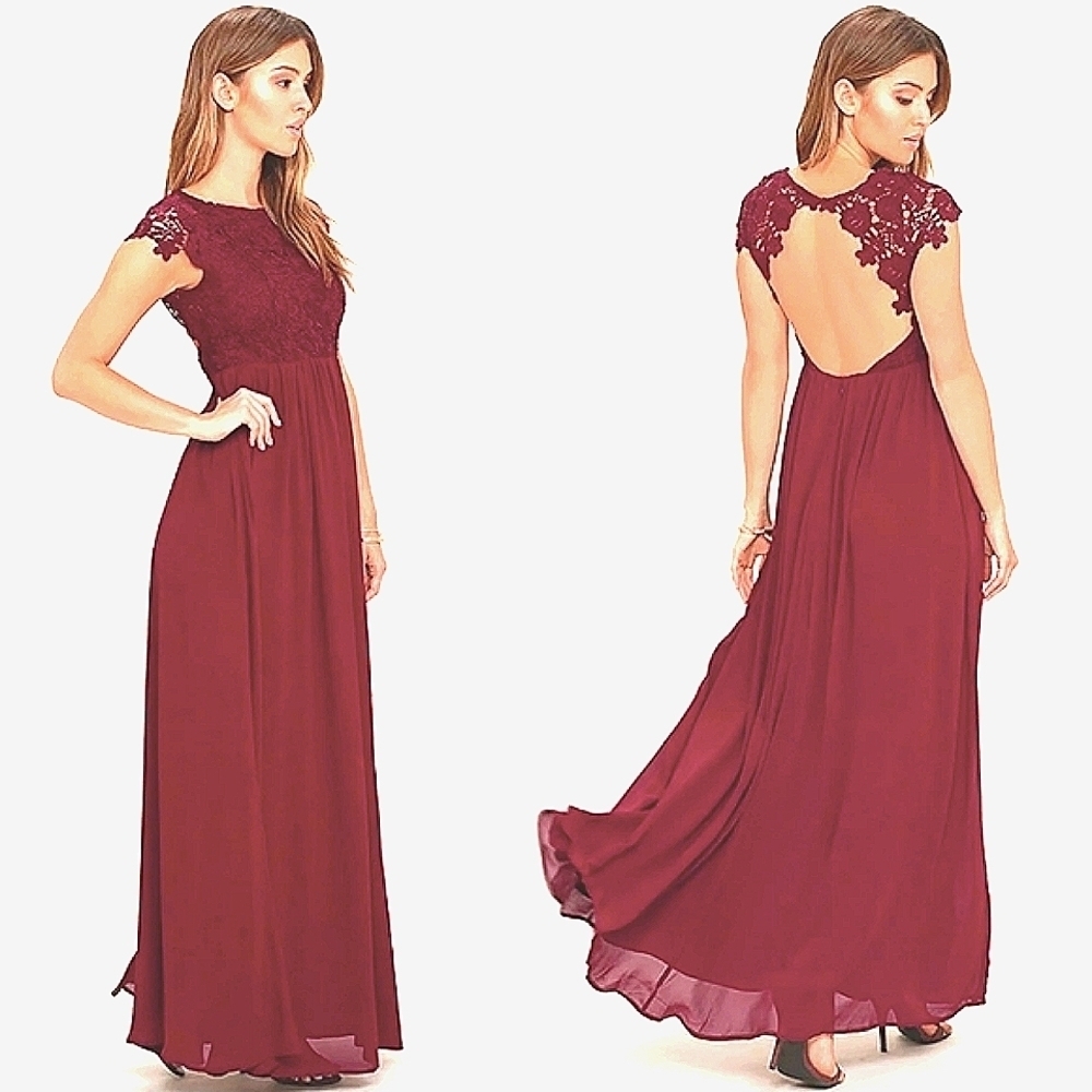 LULUS The Greatest Lace Maxi Dress Burgundy Crew Backless Cap Sleeves Sz SM NWT - Picture 10 of 15